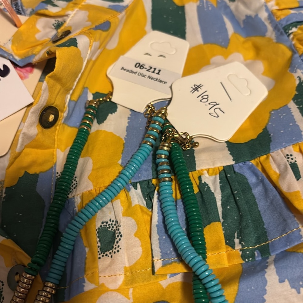 Yellow and Blue Floral 100% Cotton Blouse with 2 matching beaded necklaces - Picture 5 of 5